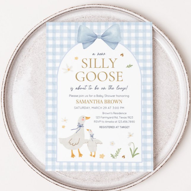 Blue Gingham Fånig Goose Baby Shower Inbjudningar (Silly Goose Gingham Baby Shower Invitation)