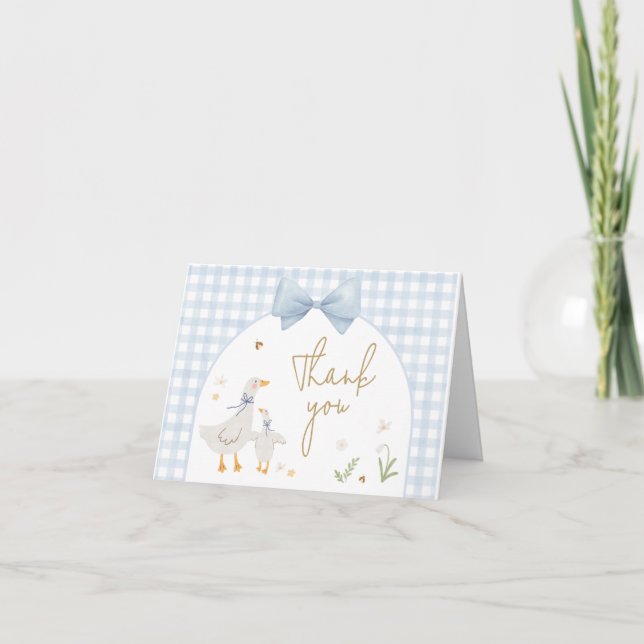 Blue Gingham Fånig Goose Baby Shower Tack Kort (Framsida)