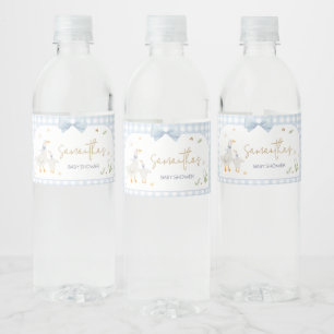 Blue Gingham Fånig Goose Baby Shower Vattenflaskor Etikett