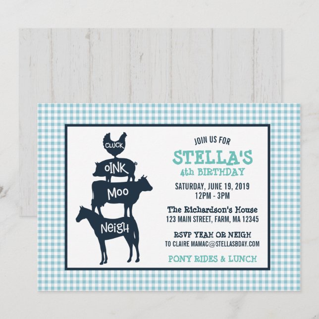 Blue Gingham Farm Theme Animal Birthday Inbjudningar (Fram/baksida)