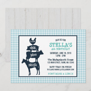Blue Gingham Farm Theme Animal Birthday Inbjudningar