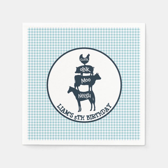 Blue Gingham Farm Theme Animal Birthday Pappersservett (Framsidan)