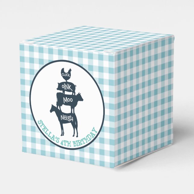 Blue Gingham Farm Theme Animal Birthday Presentaskar (Framsidan Sidan)