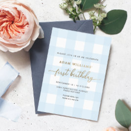 Blue Gingham First Birthday Gold Foil-inbjudan