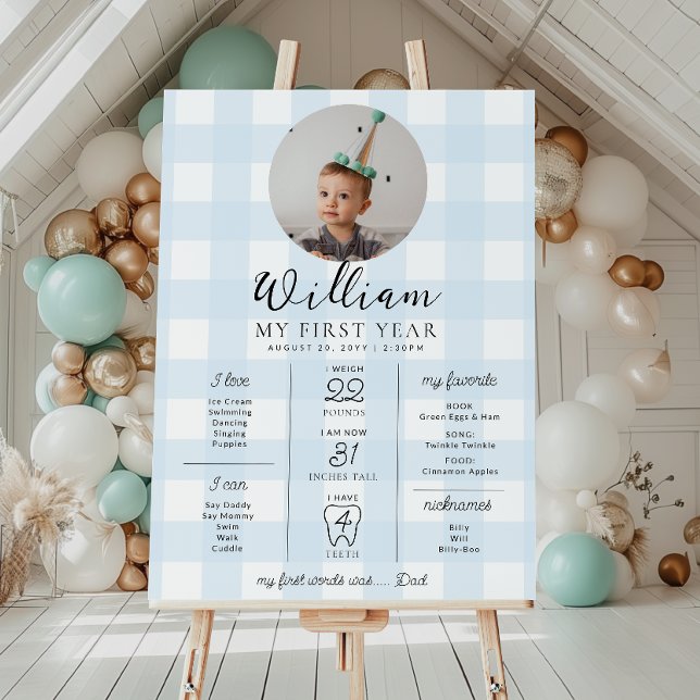 Blue Gingham First Birthday Milestone Timeline Poster (Skapare uppladdad)