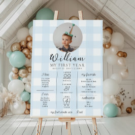 Blue Gingham First Birthday Milestone Timeline Poster