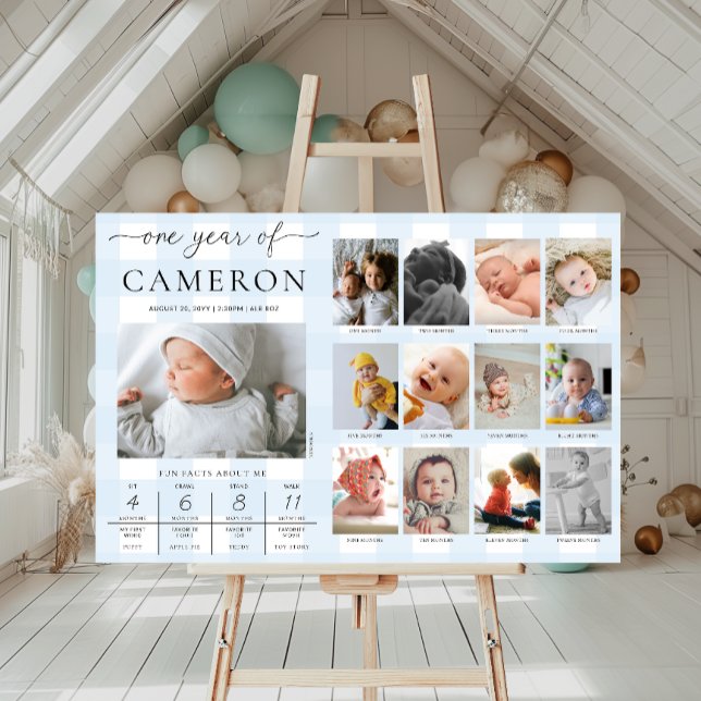 Blue Gingham First Birthday Photo Milestone Poster (Skapare uppladdad)