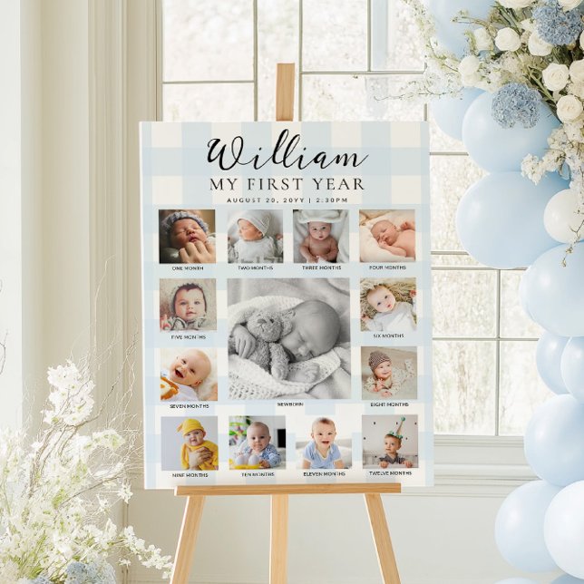 Blue Gingham First Birthday Photo Timeline Poster (Skapare uppladdad)