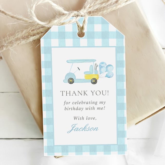 Blue Gingham Golf Boy 1st Birthday Presentetikett (Skapare uppladdad)