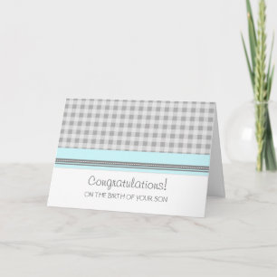 Blue Gingham Grattisar Nyfödd bebis Boy Kort