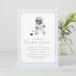 Blue Gingham Hockey Rookie Year Teddy Bear 1st  Inbjudningar