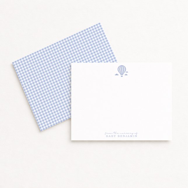 Blue Gingham Hot Air Balloon Nursery Note Card Inbjudningar (Skapare uppladdad)
