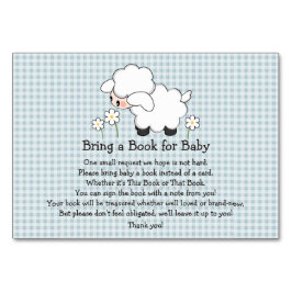 BLUE GINGHAM LAMB BABY SHOWER BOK BEGÄRAN CARD BORDSNUMMER