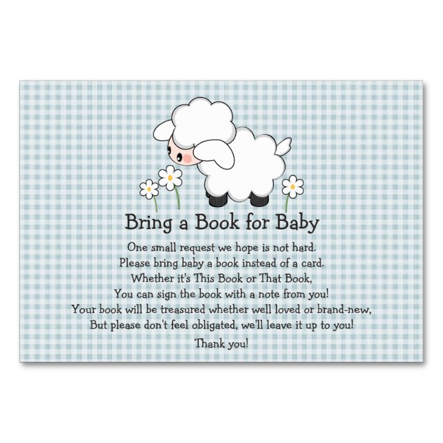 BLUE GINGHAM LAMB BABY SHOWER BOK BEGÄRAN CARD BORDSNUMMER (Framsidan)
