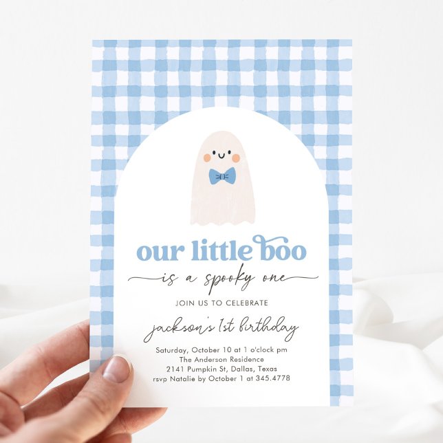 Blue Gingham Little Boo Ghost 1st Birthday Inbjudningar (Skapare uppladdad)