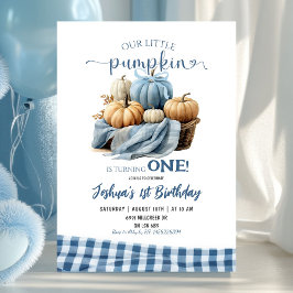 Blue Gingham Little Pumpkin Birthday Inbjudningar