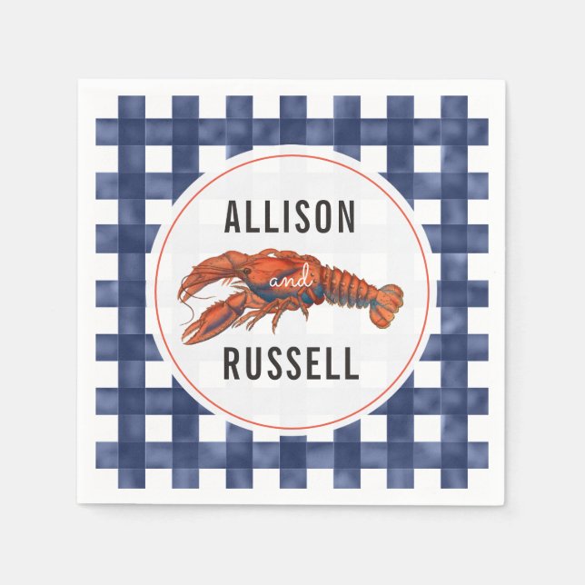 Blue Gingham Lobster Bröllop Napkins Pappersservett (Framsidan)
