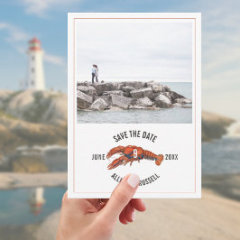 Blue Gingham Lobster Rustic Bröllop Photo Spara Datumet