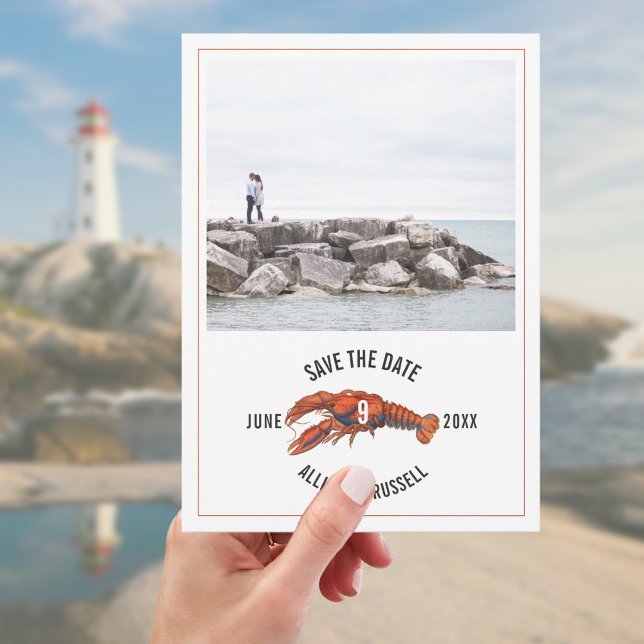 Blue Gingham Lobster Rustic Bröllop Photo Spara Datumet (Skapare uppladdad)