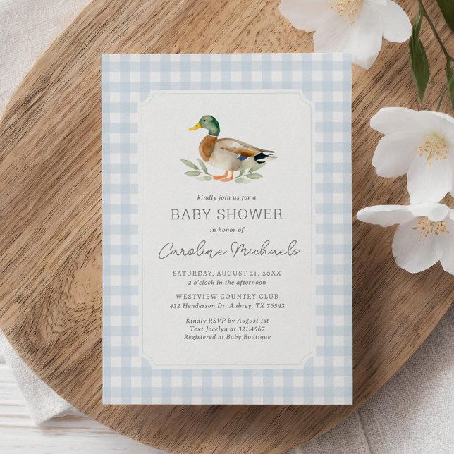 Blue Gingham Mallard Anka Baby Shower Inbjudningar (Skapare uppladdad)