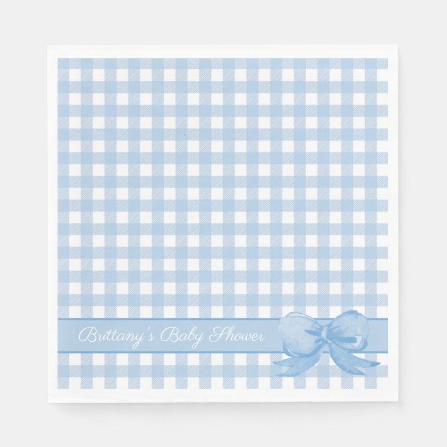Blue Gingham med Bow Baby Shower Napkins Pappersservett (Framsidan)