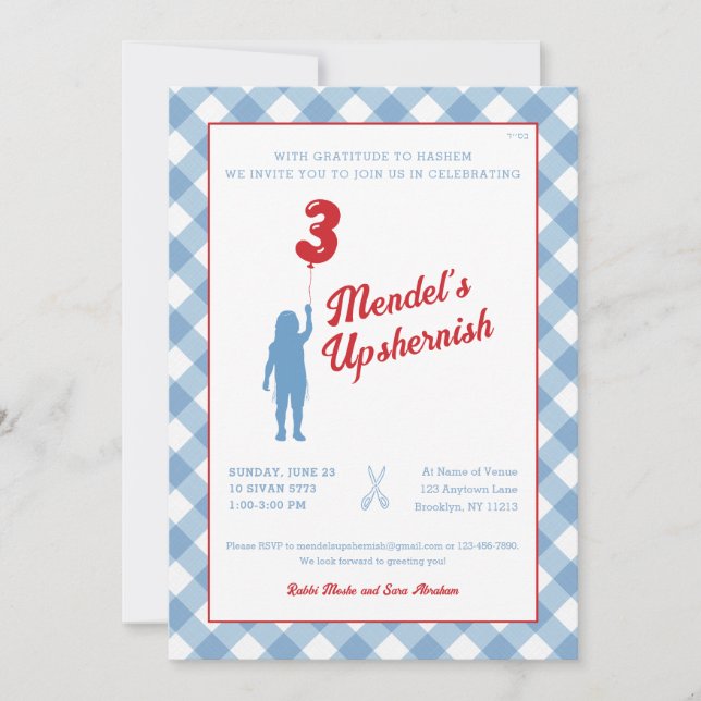 Blue Gingham med Red Balloon Upsherin-inbjudan Inbjudningar (Framsida)