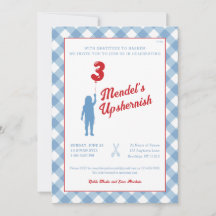 Blue Gingham med Red Balloon Upsherin Photo Invit