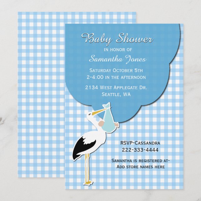 Blue Gingham med Stork Baby Shower-inbjudan Inbjudningar (Fram/baksida)