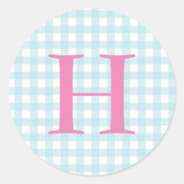 Blue Gingham Monogram Runt Klistermärke