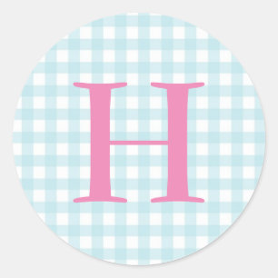 Blue Gingham Monogram Runt Klistermärke