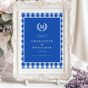 Blue Gingham Monogram Vapensköld Bröllop Välkommen Poster