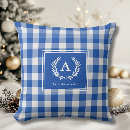 Blue Gingham Monogram-Vapensköld Kudde