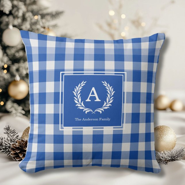 Blue Gingham Monogram-Vapensköld Kudde (Custom Blue Gingham Monogram Crest Throw Pillow)