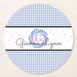 Blue Gingham Monogrammed Underlägg Papper Rund