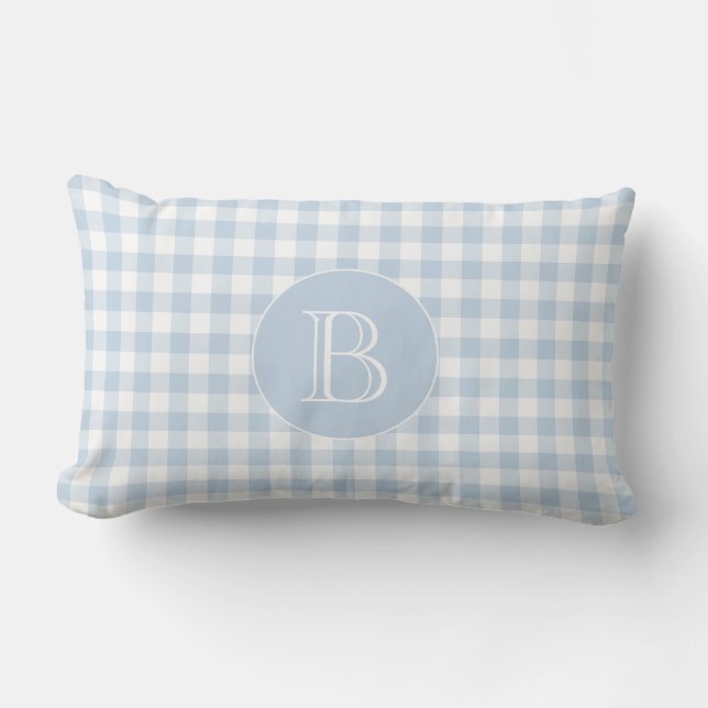 Blue Gingham Mönster Anpassningsbar Monogram Lumbarkudde (Framsida)