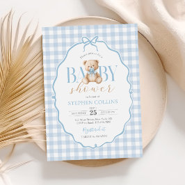 Blue Gingham Nalle Baby Shower Inbjudningar
