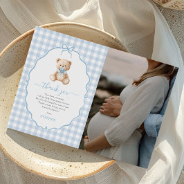 Blue Gingham Nalle Baby Shower Photo Tack Kort