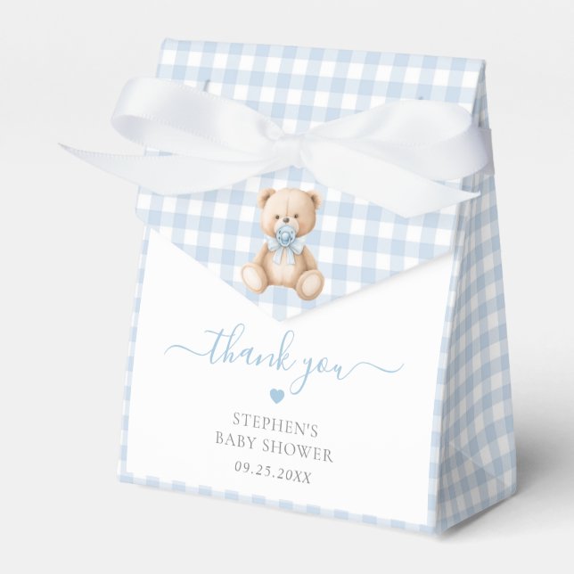Blue Gingham Nalle Baby Shower Presentaskar (Framsidan Sidan)