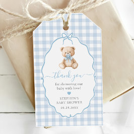 Blue Gingham Nalle Baby Shower Presentetikett
