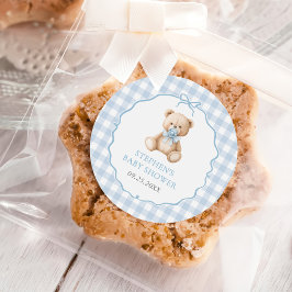 Blue Gingham Nalle Baby Shower Runt Klistermärke