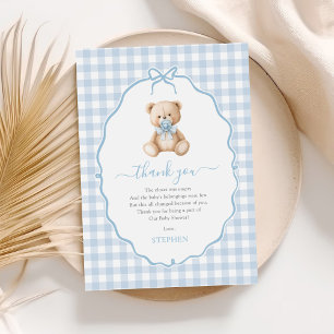 Blue Gingham Nalle Baby Shower Tack Kort