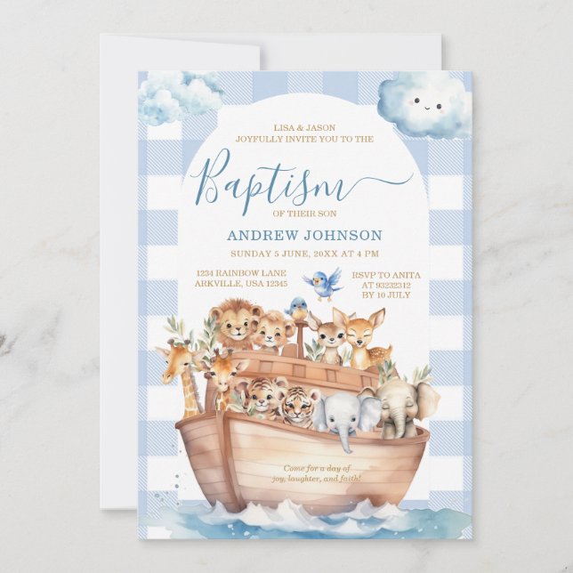 Blue Gingham Noahs Ark Cute Animals Baptism Inbjudningar (Framsida)