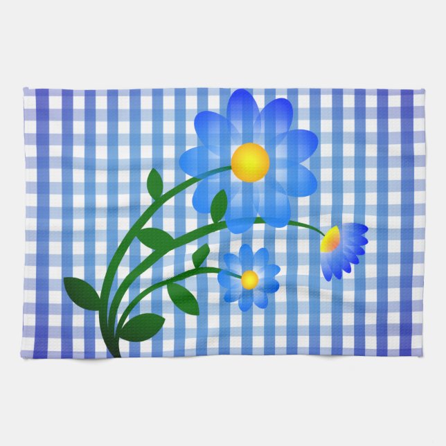 Blue Gingham och Blåa blommor Kitchen Towel Kökshandduk (Horisontell)