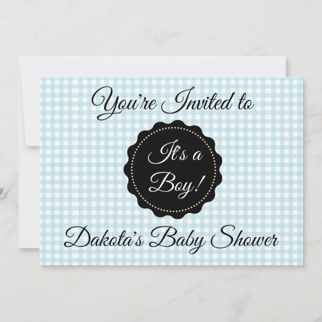 Blue gingham och Black Boy Baby Shower-inbjudan Inbjudningar (Framsida)