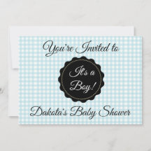 Blue gingham och Black Boy Baby Shower-inbjudan