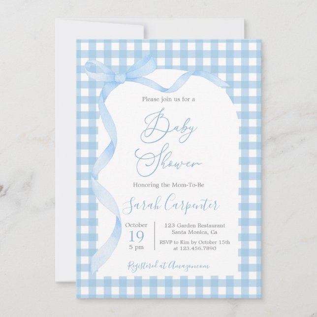Blue Gingham och Bow Baby Shower Boy Investigation Inbjudningar (Framsida)