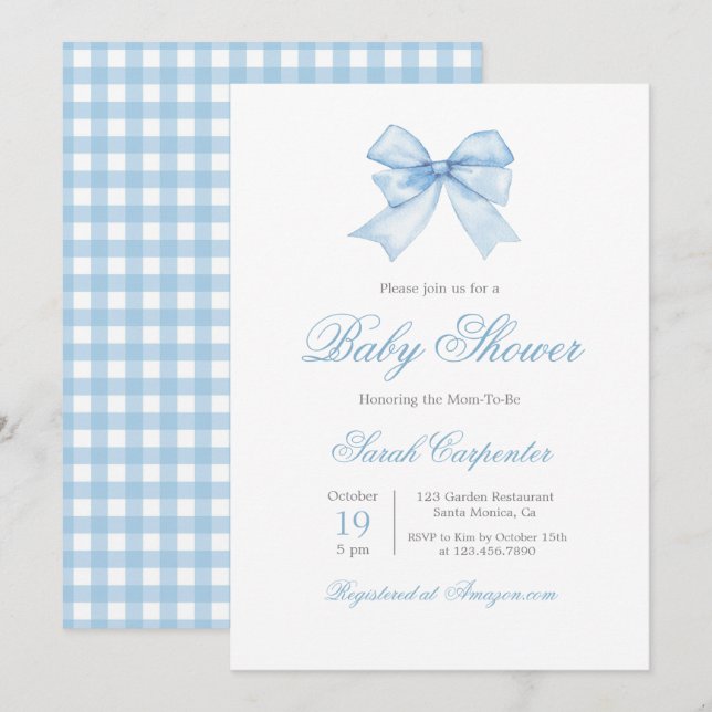 Blue Gingham och Bow Baby Shower Boy Investigation Inbjudningar (Fram/baksida)
