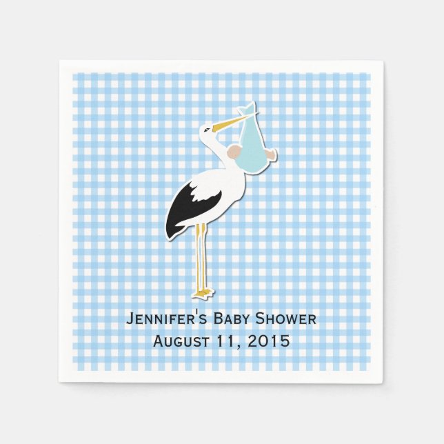 Blue Gingham och Stork Baby Shower Pappra Napkins Pappersservett (Framsidan)