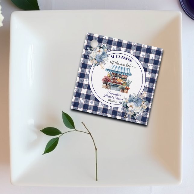 Blue Gingham Off Market Blommigt Möhippa Gåvor Etiketter (Skapare uppladdad)