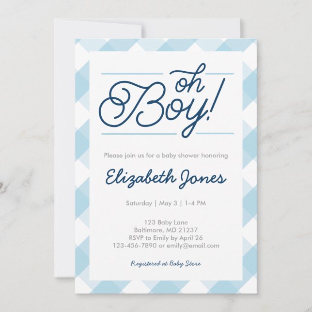 Blue Gingham "Oh Boy" Baby Shower-inbjudningar Inbjudningar (Framsida)